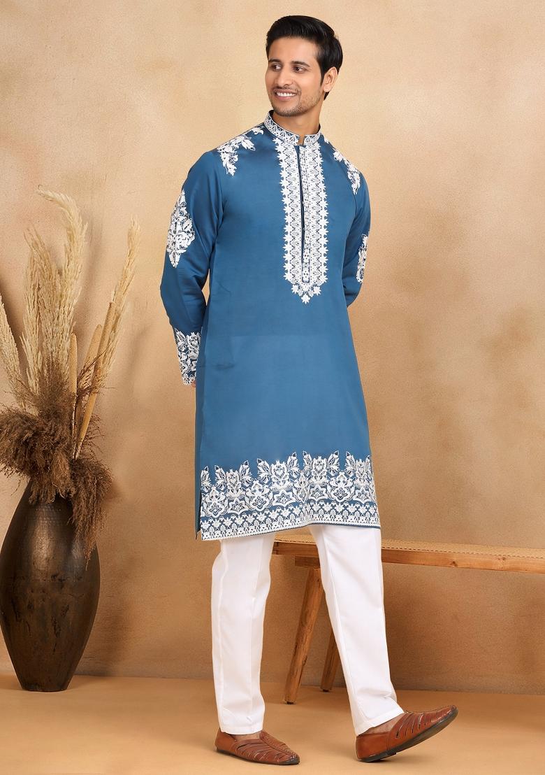 Blue Yoke Design Cotton Silk Kurta Set For Men