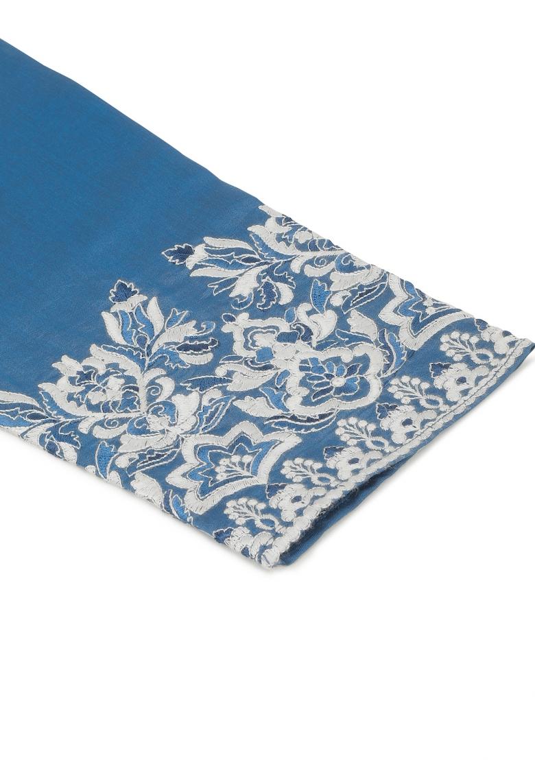 Blue Yoke Design Cotton Silk Kurta Set For Men