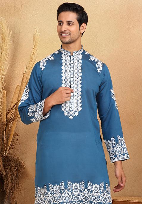 Blue Yoke Design Cotton Silk Kurta Set For Men