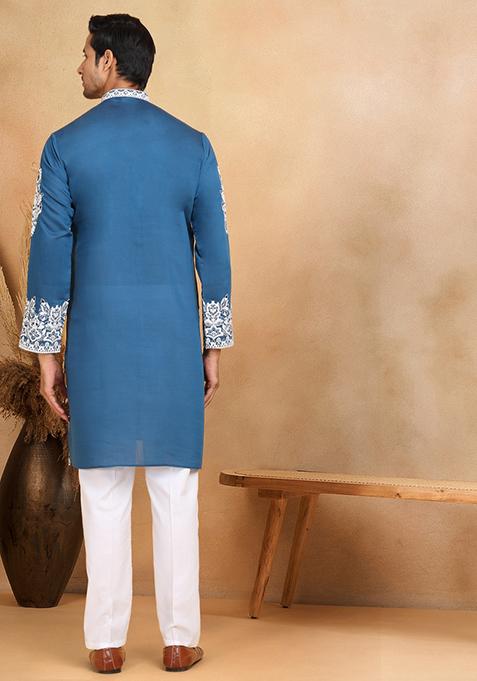 Blue Yoke Design Cotton Silk Kurta Set For Men
