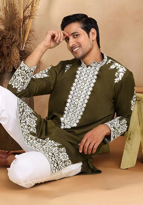Green Yoke Design Cotton Silk Kurta Set For Men