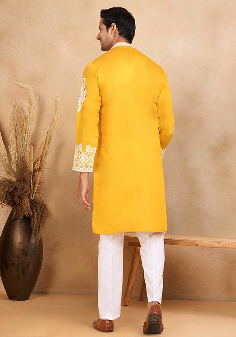 Mustard Yellow Yoke Design Cotton Silk Kurta Set For Men