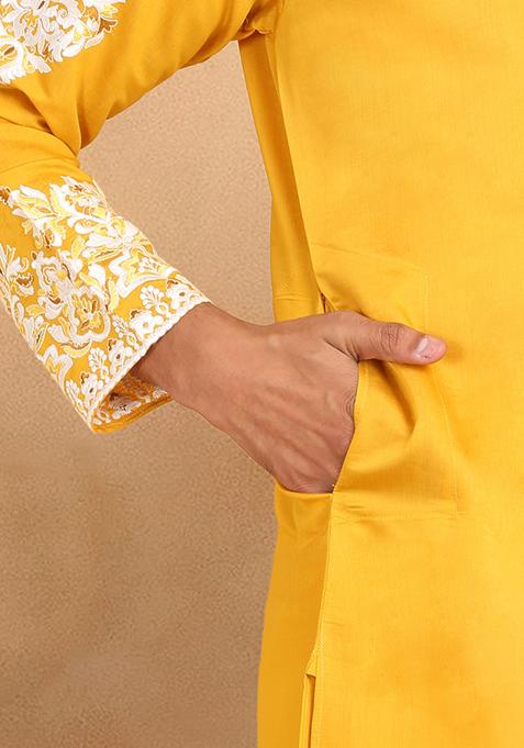 Mustard Yellow Yoke Design Cotton Silk Kurta Set For Men