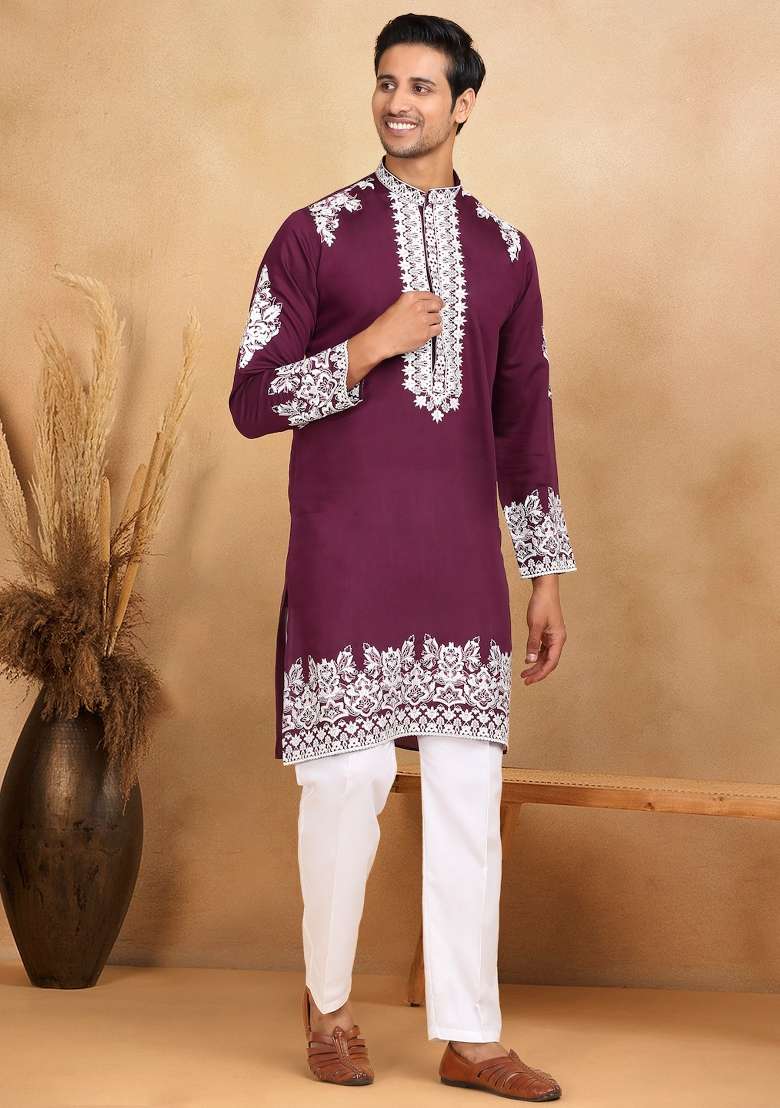 Wine Yoke Design Cotton Silk Blend Kurta Set For Men - Indya