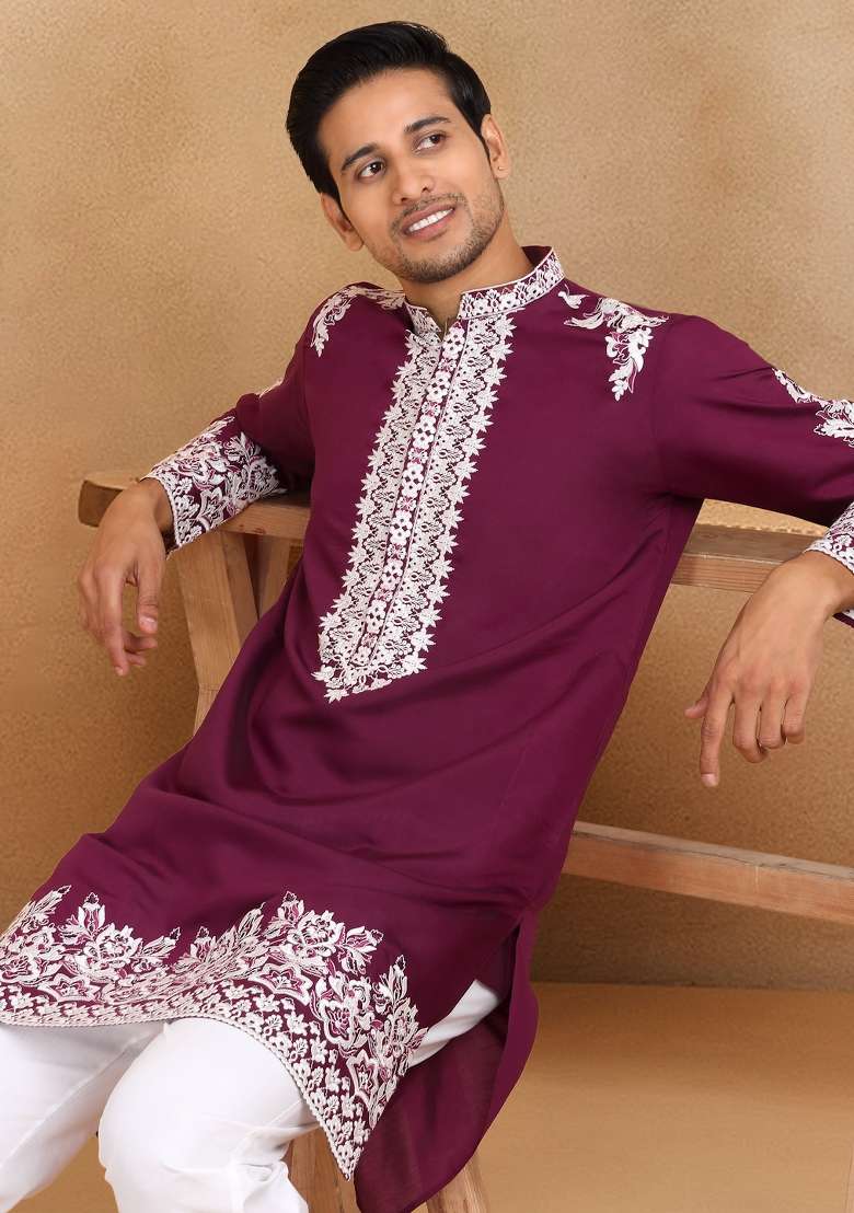 Wine Yoke Design Cotton Silk Blend Kurta Set For Men - Indya