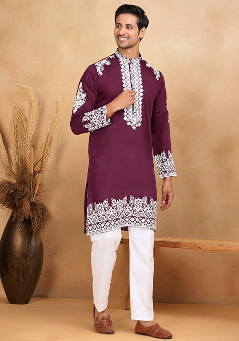 Wine Yoke Design Cotton Silk Kurta Set For Men