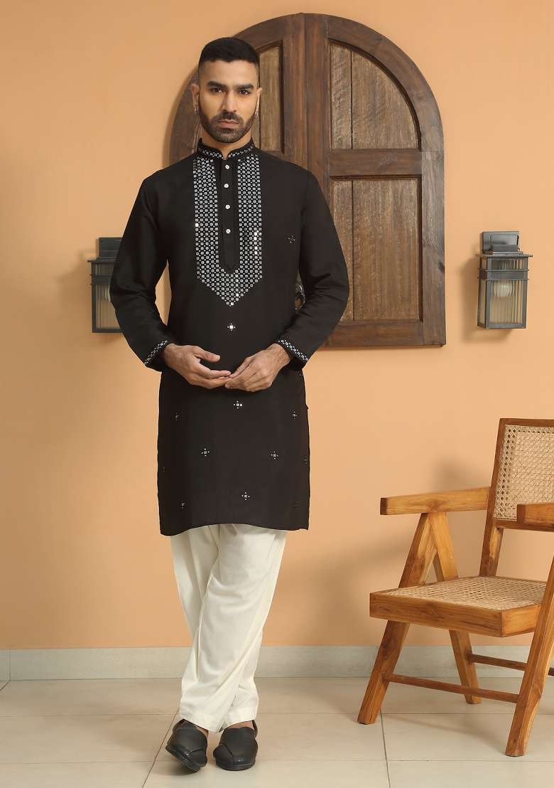 Black Yoke Design Cotton Silk Blend Kurta Set For Men - Indya