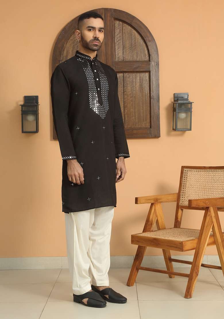 Black Yoke Design Cotton Silk Blend Kurta Set For Men - Indya