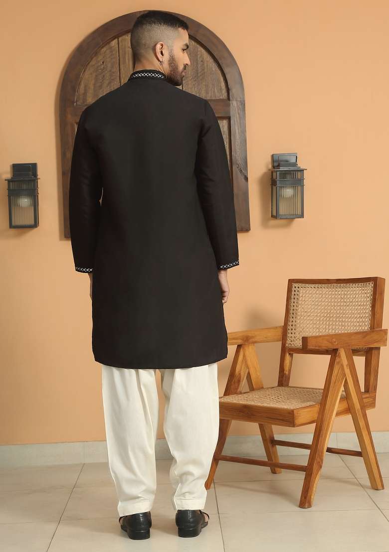 Black Yoke Design Cotton Silk Blend Kurta Set For Men - Indya