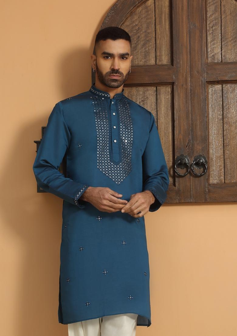 Blue Yoke Design Cotton Silk Kurta Set For Men