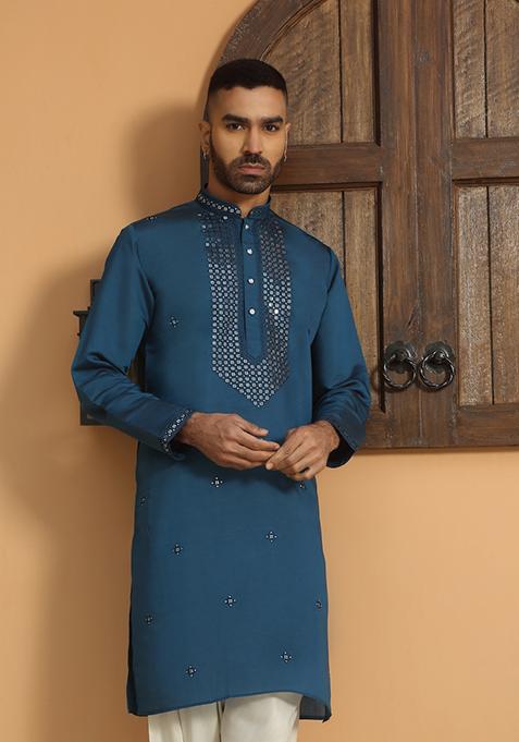Blue Yoke Design Cotton Silk Kurta Set For Men