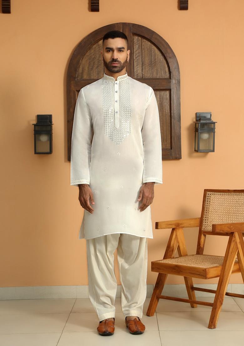 Cream Yoke Design Cotton Silk Kurta Set For Men - Indya