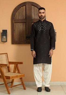 Black Embroidered Cotton Silk Kurta Set For Men