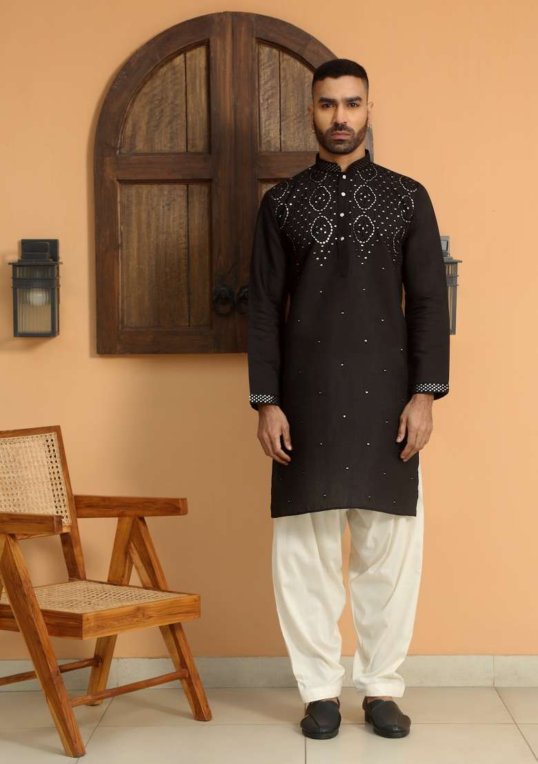 Black Embroidered Cotton Silk Blend Kurta Set For Men - Indya