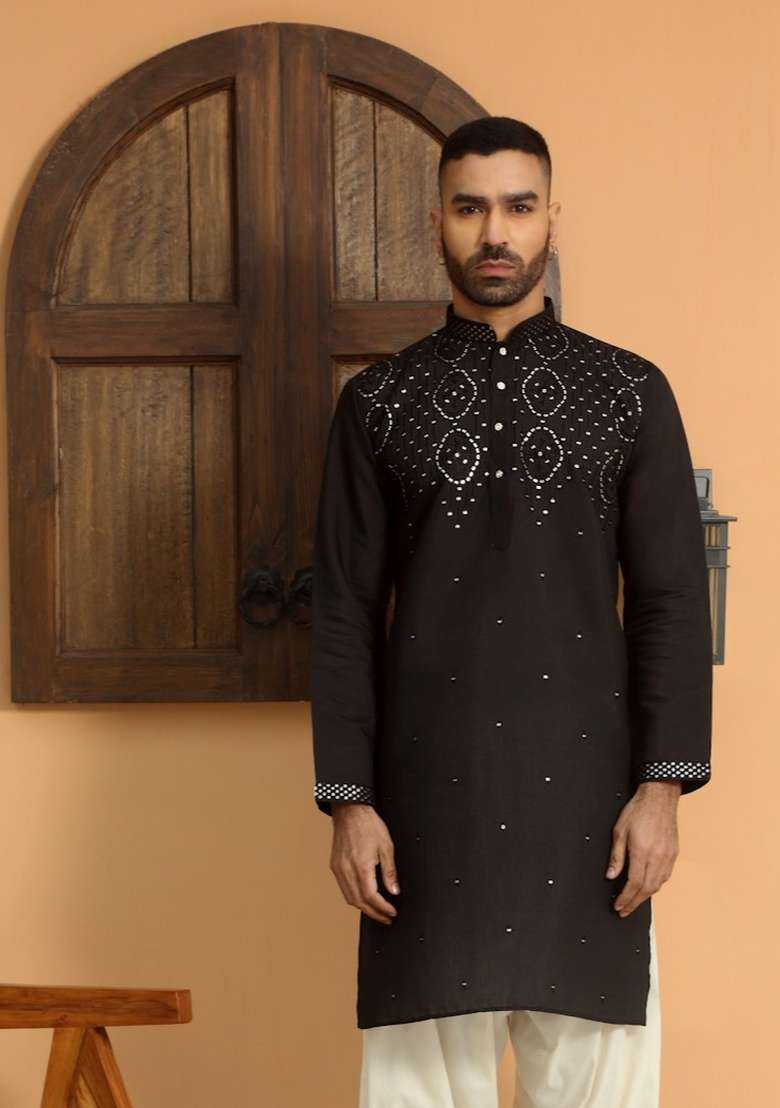 Black Embroidered Cotton Silk Blend Kurta Set For Men - Indya