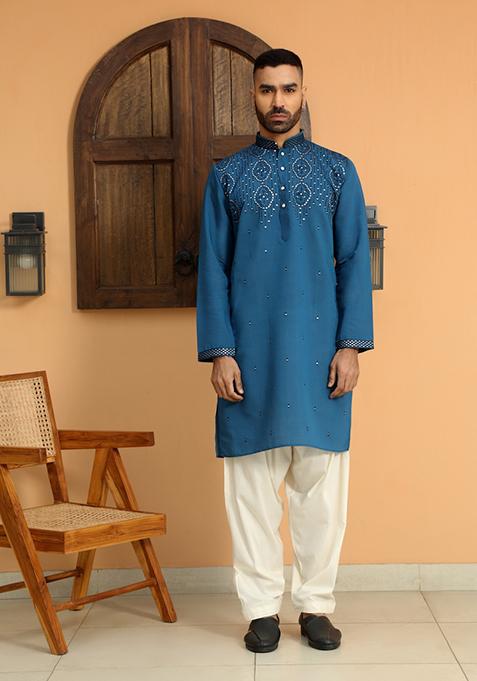 Blue Embroidered Cotton Silk Kurta Set For Men