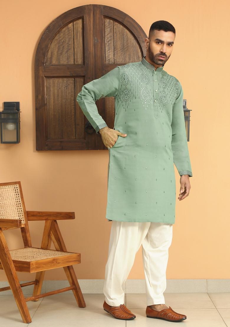Green Embroidered Cotton Silk Kurta Set For Men