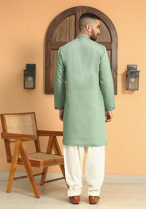 Green Embroidered Cotton Silk Kurta Set For Men