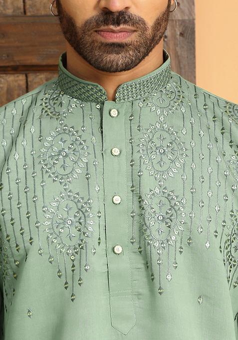 Green Embroidered Cotton Silk Kurta Set For Men