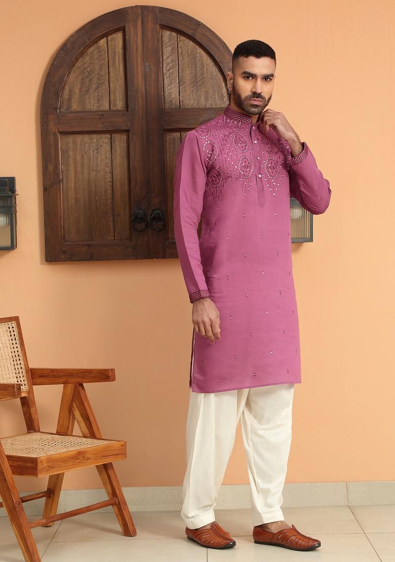 Purple Embroidered Cotton Silk Kurta Set For Men