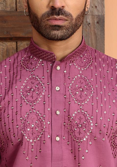 Purple Embroidered Cotton Silk Kurta Set For Men