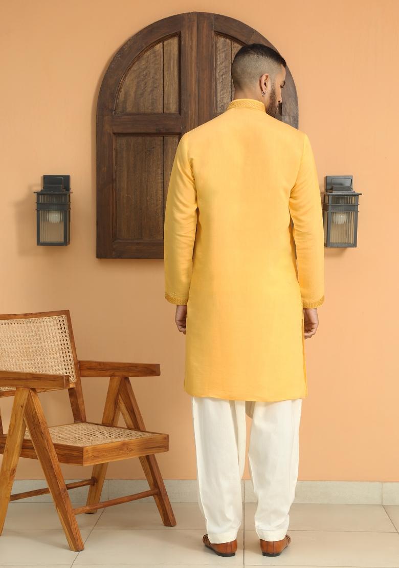Yellow Embroidered Cotton Silk Kurta Set For Men