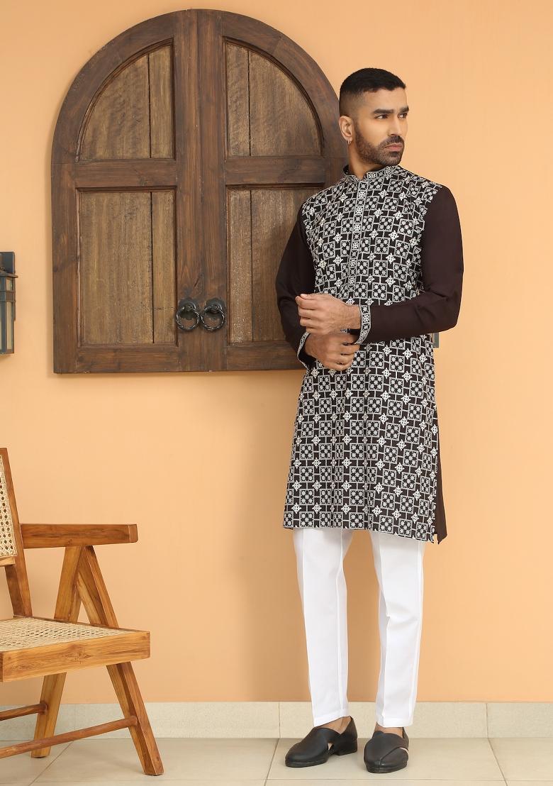 Black Embroidered Cotton Silk Kurta Set For Men