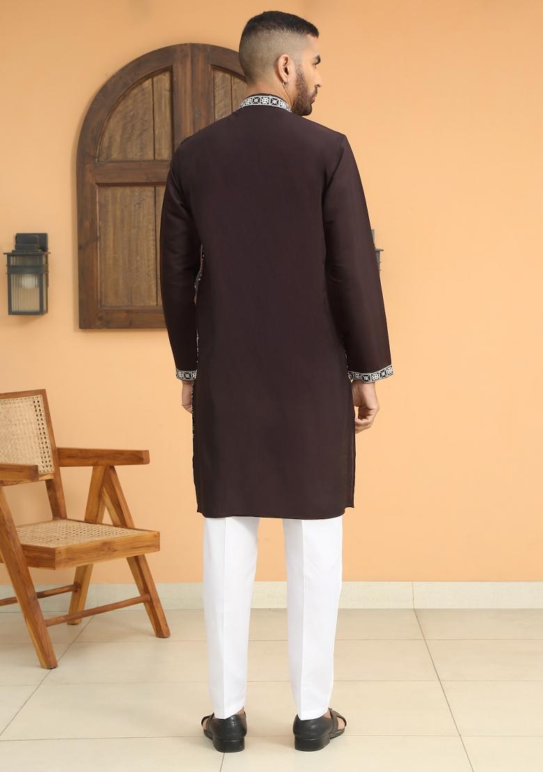 Black Embroidered Cotton Silk Kurta Set For Men