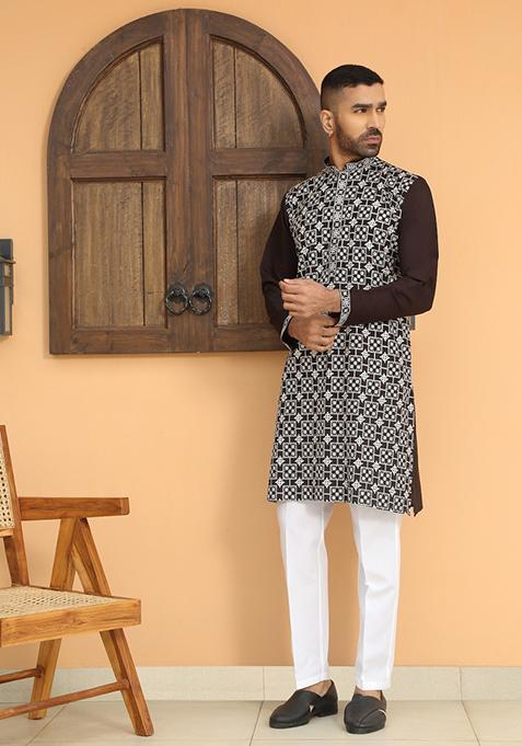 Black Embroidered Cotton Silk Kurta Set For Men