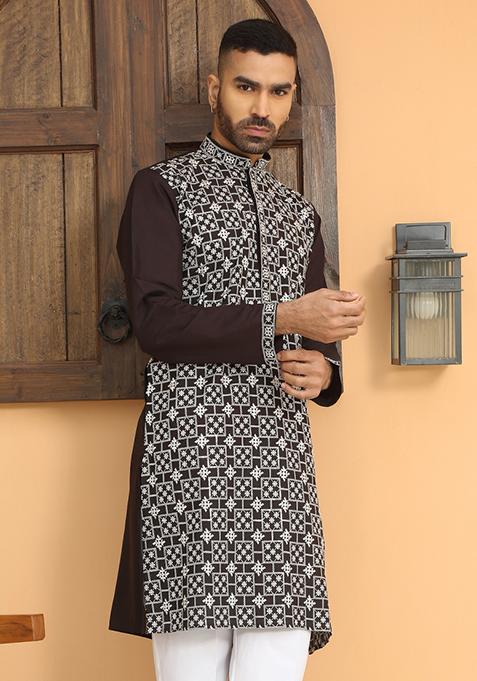 Black Embroidered Cotton Silk Kurta Set For Men