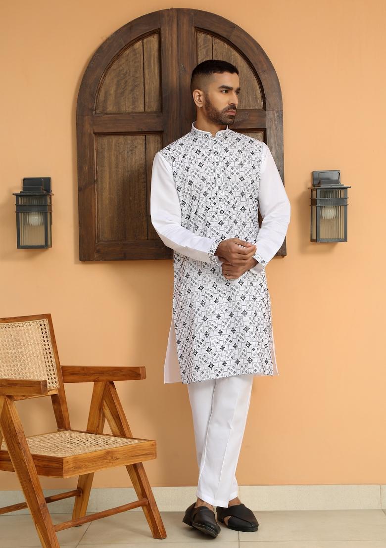 White Embroidered Cotton Silk Kurta Set For Men