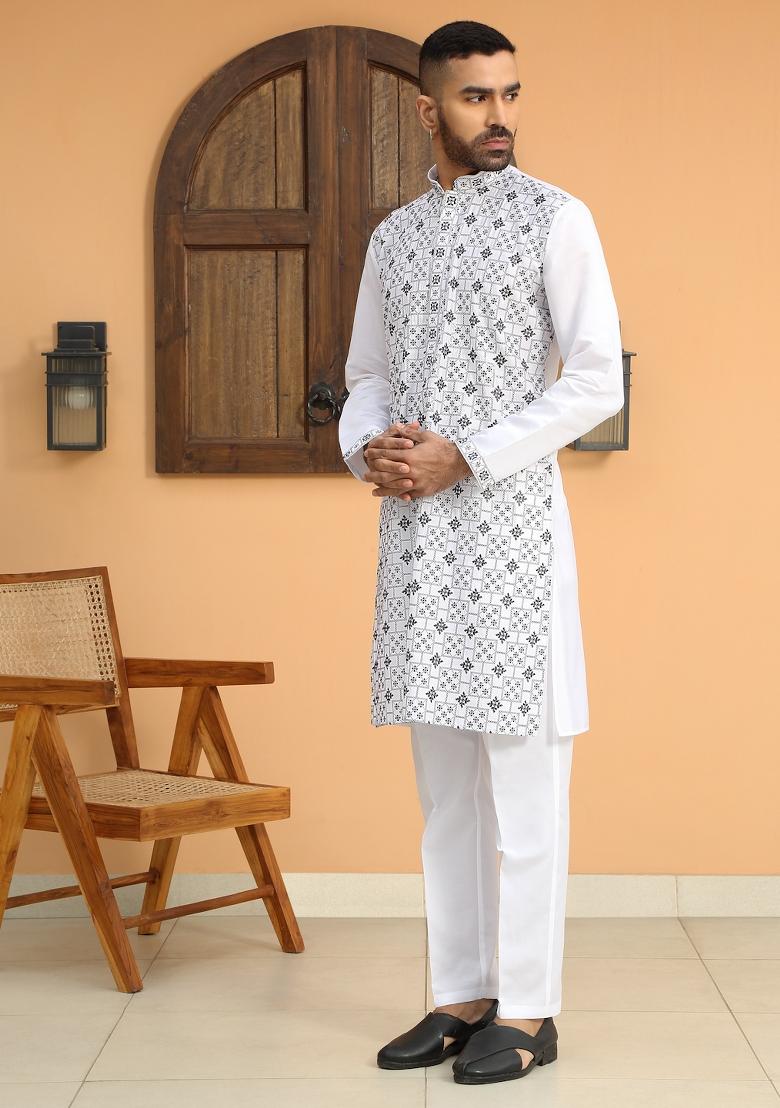 White Embroidered Cotton Silk Kurta Set For Men