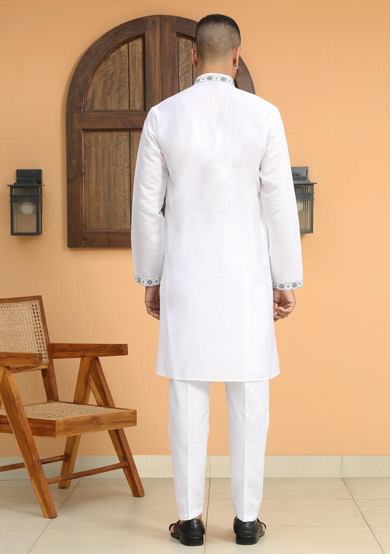 White Embroidered Cotton Silk Kurta Set For Men