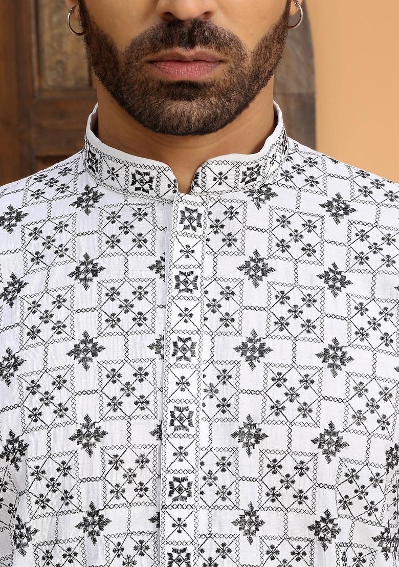 White Embroidered Cotton Silk Kurta Set For Men