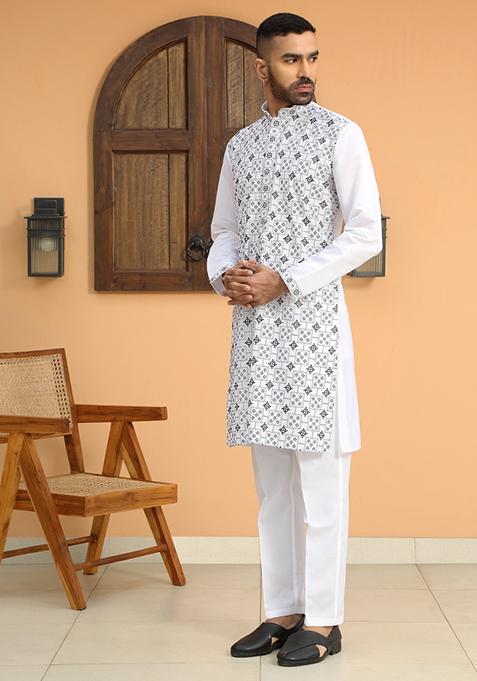 White Embroidered Cotton Silk Kurta Set For Men