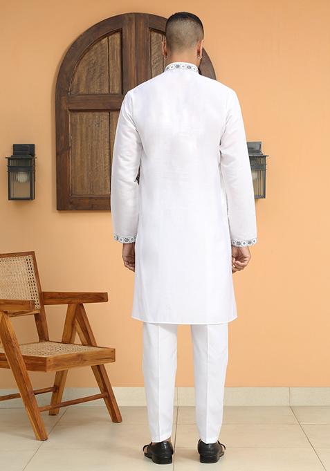 White Embroidered Cotton Silk Kurta Set For Men