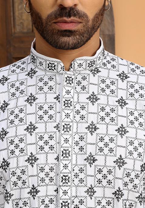 White Embroidered Cotton Silk Kurta Set For Men