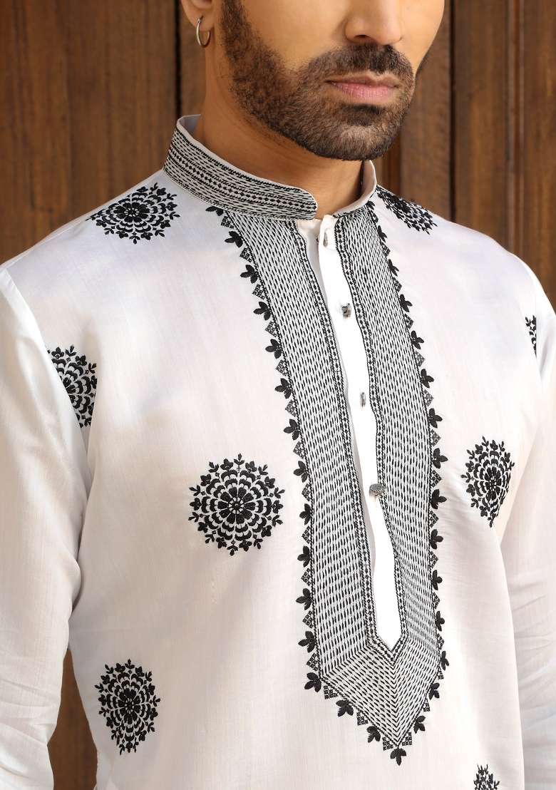 White Yoke Design Cotton Silk Kurta Set For Men - Indya