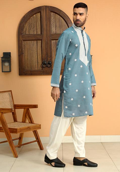 Blue Yoke Design Cotton Silk Kurta Set For Men