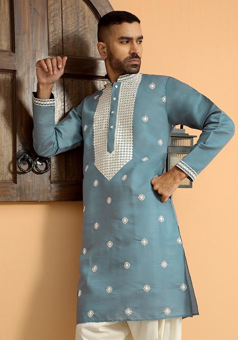 Blue Yoke Design Cotton Silk Kurta Set For Men