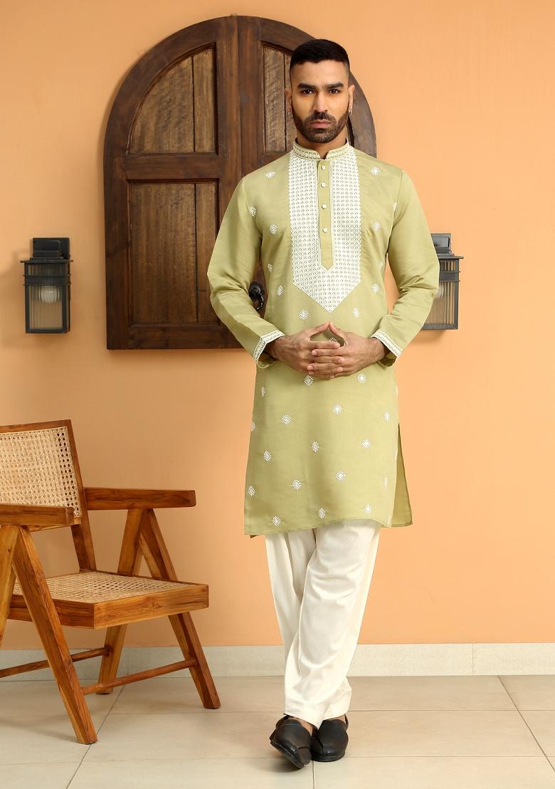 Green Yoke Design Cotton Silk Kurta Set For Men