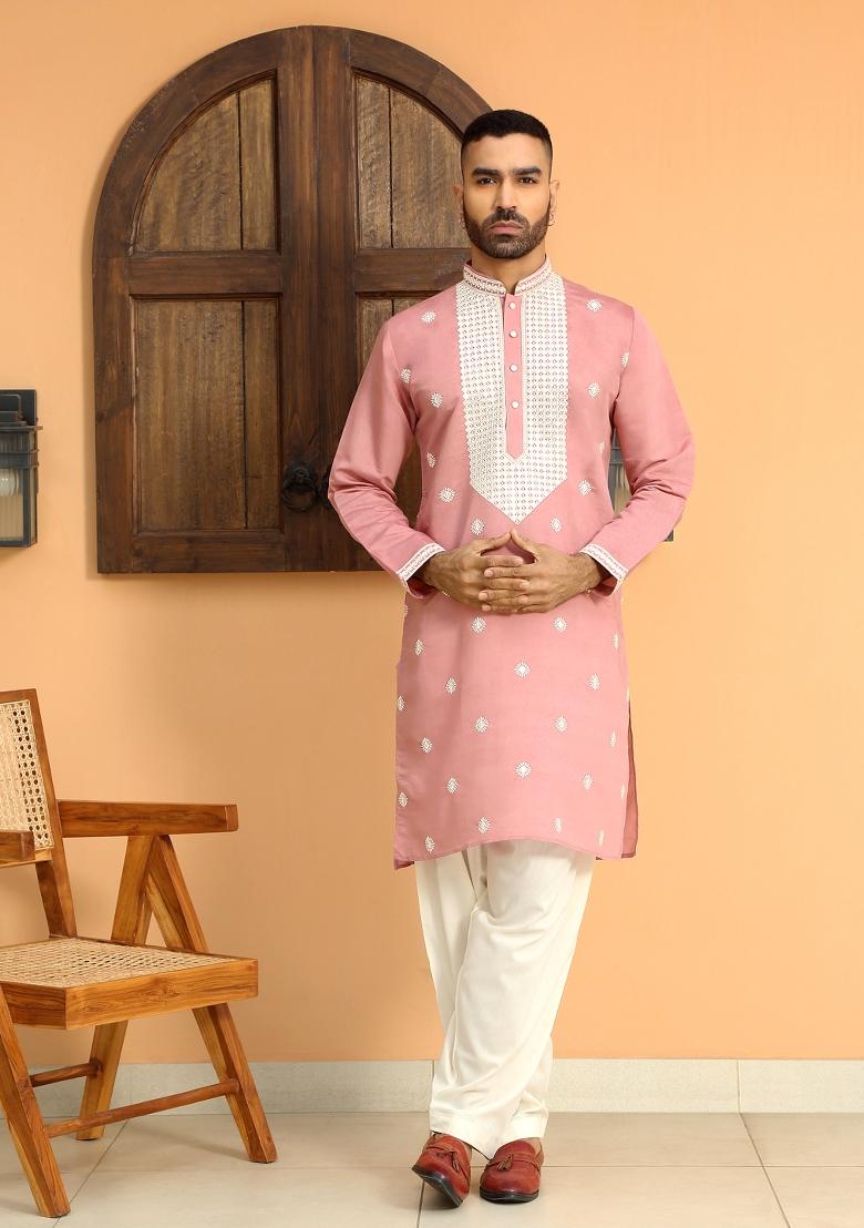 Pink Yoke Design Cotton Silk Kurta Set For Men