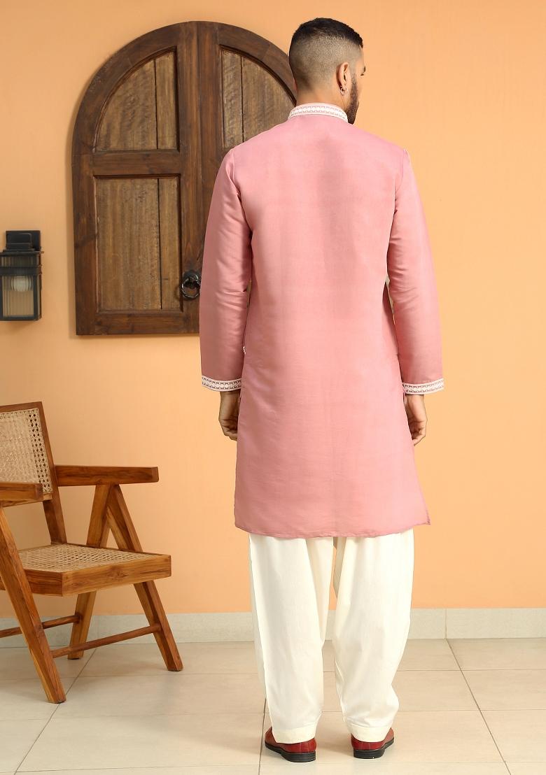 Pink Yoke Design Cotton Silk Kurta Set For Men