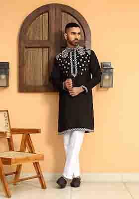 Black Embroidered Cotton Silk Kurta Set For Men