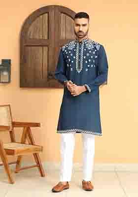 Blue Embroidered Cotton Silk Kurta Set For Men