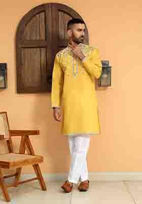 Yellow Embroidered Cotton Silk Kurta Set For Men