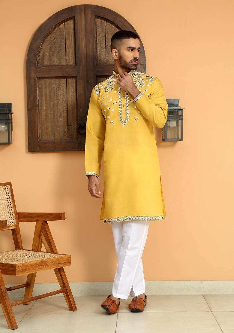 Yellow Embroidered Cotton Silk Kurta Set For Men