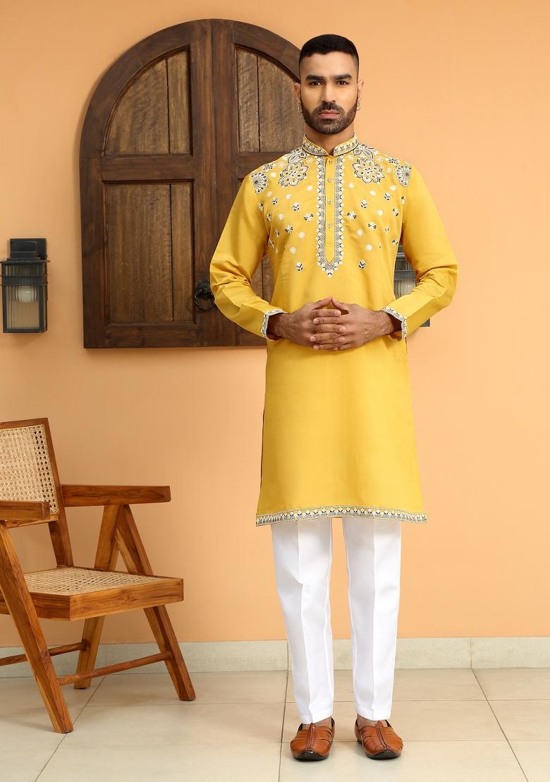 Yellow Embroidered Cotton Silk Kurta Set For Men
