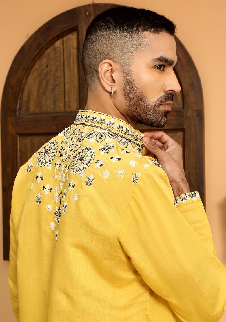 Yellow Embroidered Cotton Silk Kurta Set For Men