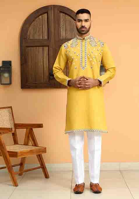 Yellow Embroidered Cotton Silk Kurta Set For Men